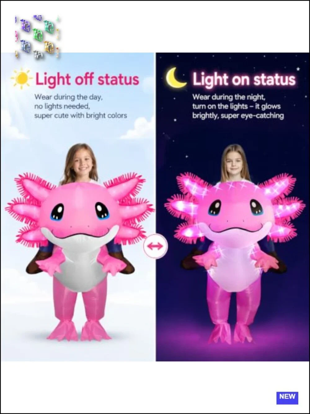 Inflatable Axolotl Costume for Kids with LED Lights, Ride-On Blow Up Halloween